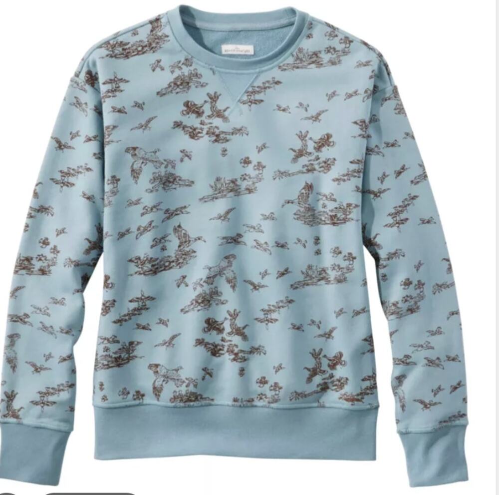 LL Bean Signature Camp Sweatshirt Blue and Brown Outdoor Bird Print Medium
